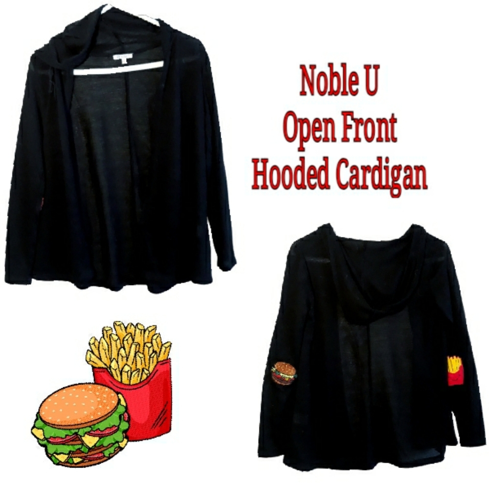 Noble U Black Hooded Cardigan with Emoji Burger + Fries Elbow Patches